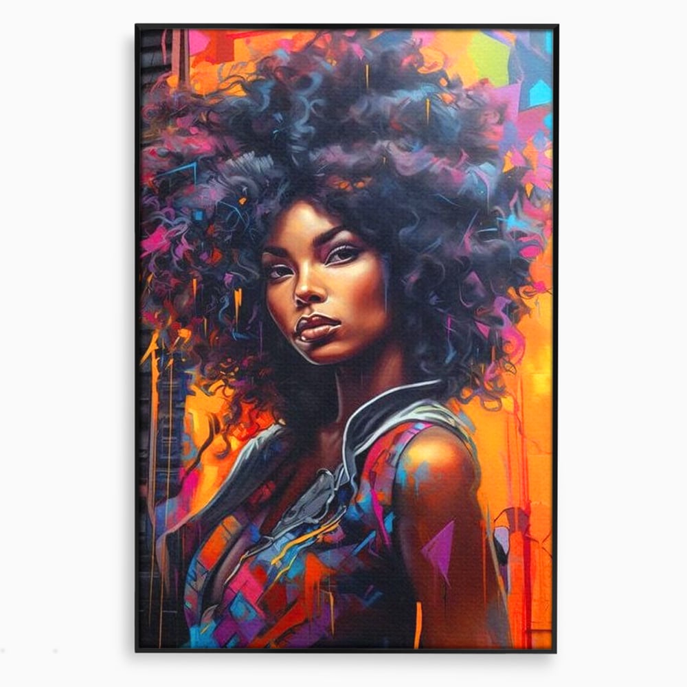 Tablou canvas cu tablou canvas cu portret urban afro, in rama de aluminiu negru